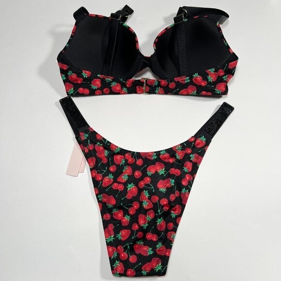Victoria Secret 34A S SEXY TEE Push Up Bikini Top Bottom Set Shine Strap Cherry - Picture 3 of 10